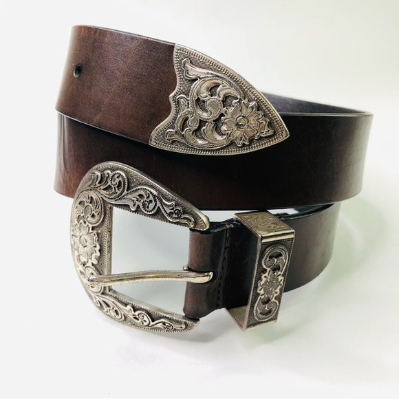 Silpada Designs Genuine Italian Brown Leather Belt M Silver Metal Buckle Cowboy - Picture 2 of 9